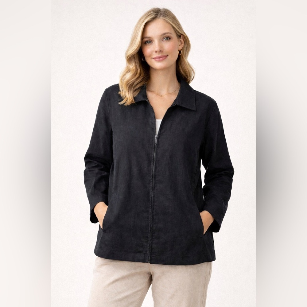Eileen‎ Fisher Black Linen Blend Zip Jacket L Minimalist Chic